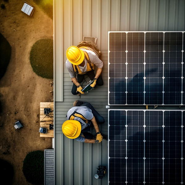 tecnicos instalam paineis solares em empresa energia renovavel