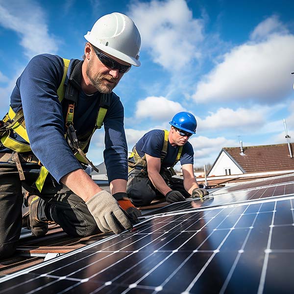 trabalhadores instalando painel solar em uma casa joinville